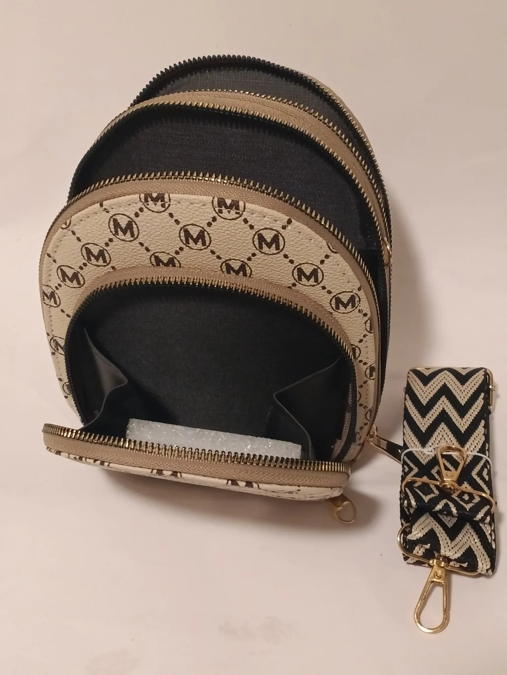 Mini Cream and Black Logo-Pattern Crossbody Bag, Essential Bags Brand New